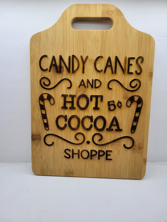 Christmas Bamboo Cutting Board - 13" x 9" with Handle - engraved with Candy Canes and Hot Cocoa Shoppe