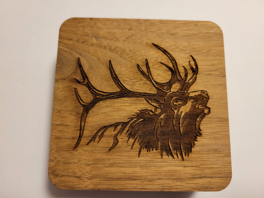 Coasters  (Walnut) - Square, (with rounded corners) - Set of four - Engraved with Moose