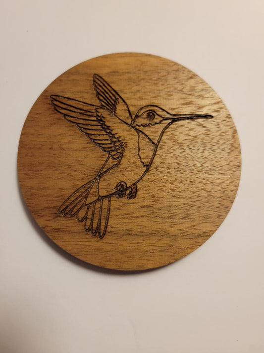 Coasters  (Walnut) - Round - Set of four - Engraved with Hummingbird
