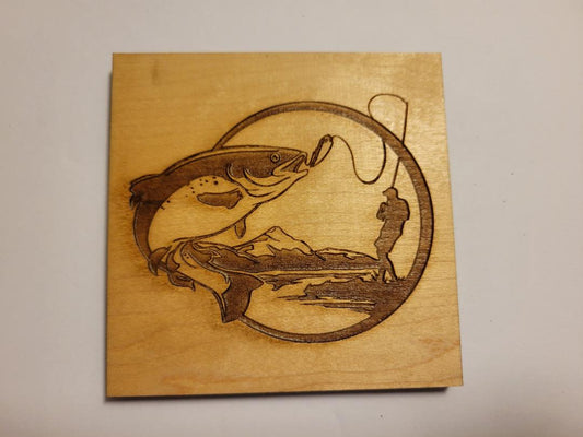 Coasters  (Maple) - Square - Set of four - Engraved with Fishing